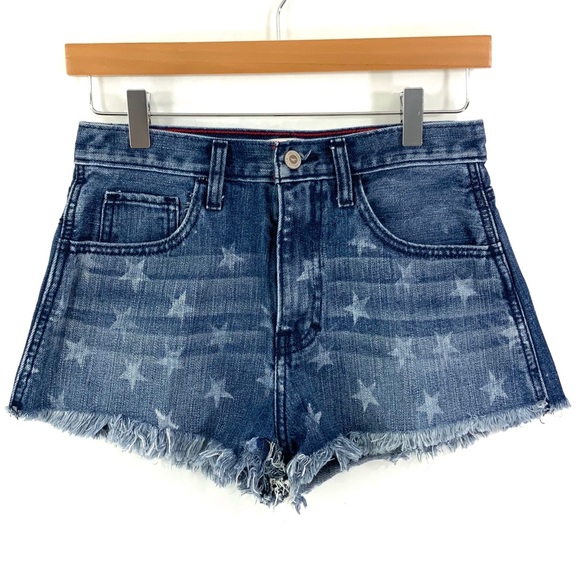 HOLLISTER Jean Shorts Hi-Rise Cutoffs Denim Shorts Stars Print L18 - Picture 1 of 3